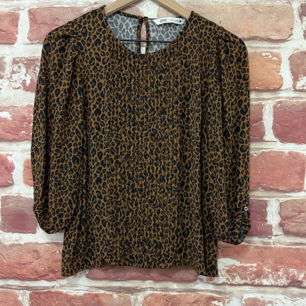 Zara Top Women's Large Brown Black Animal Print Casual Career Pleated Shirt - Picture 6 of 8